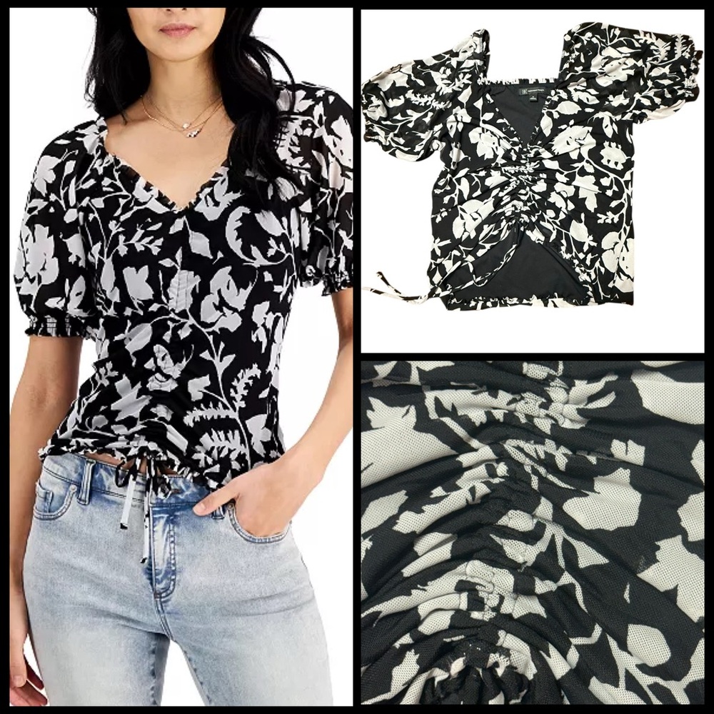 INC International Concepts Black and White Floral Puff Sleeve Blouse Size M
